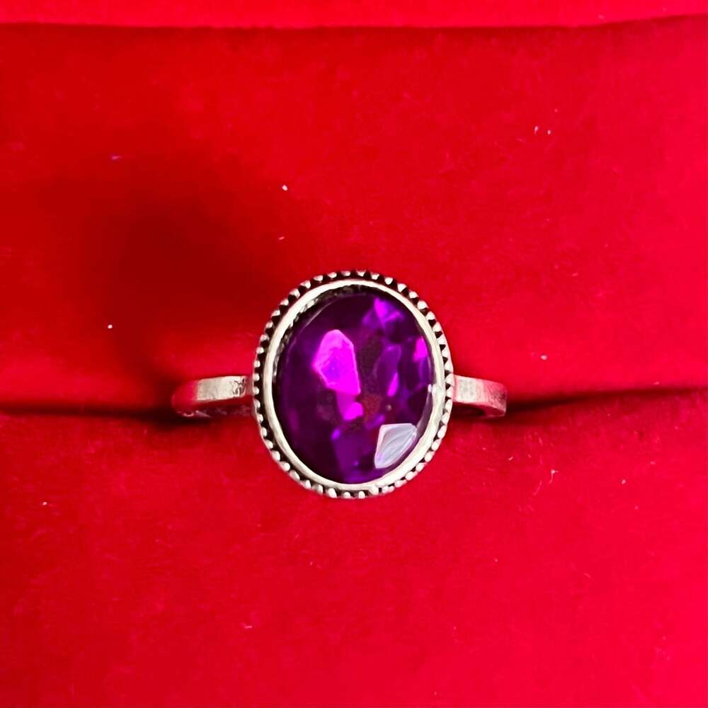 Oval Purple Gemstone Ring Silver Tone Size 6